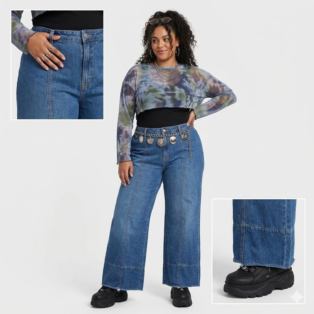 Size 16 High Rise Seamed Wide Leg Jeans Medium Wash Soft Stretch Denim